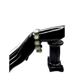 Gorgeous Stretch Rainbow Moonstone and Hematite Stone Bracelet Signed by Km